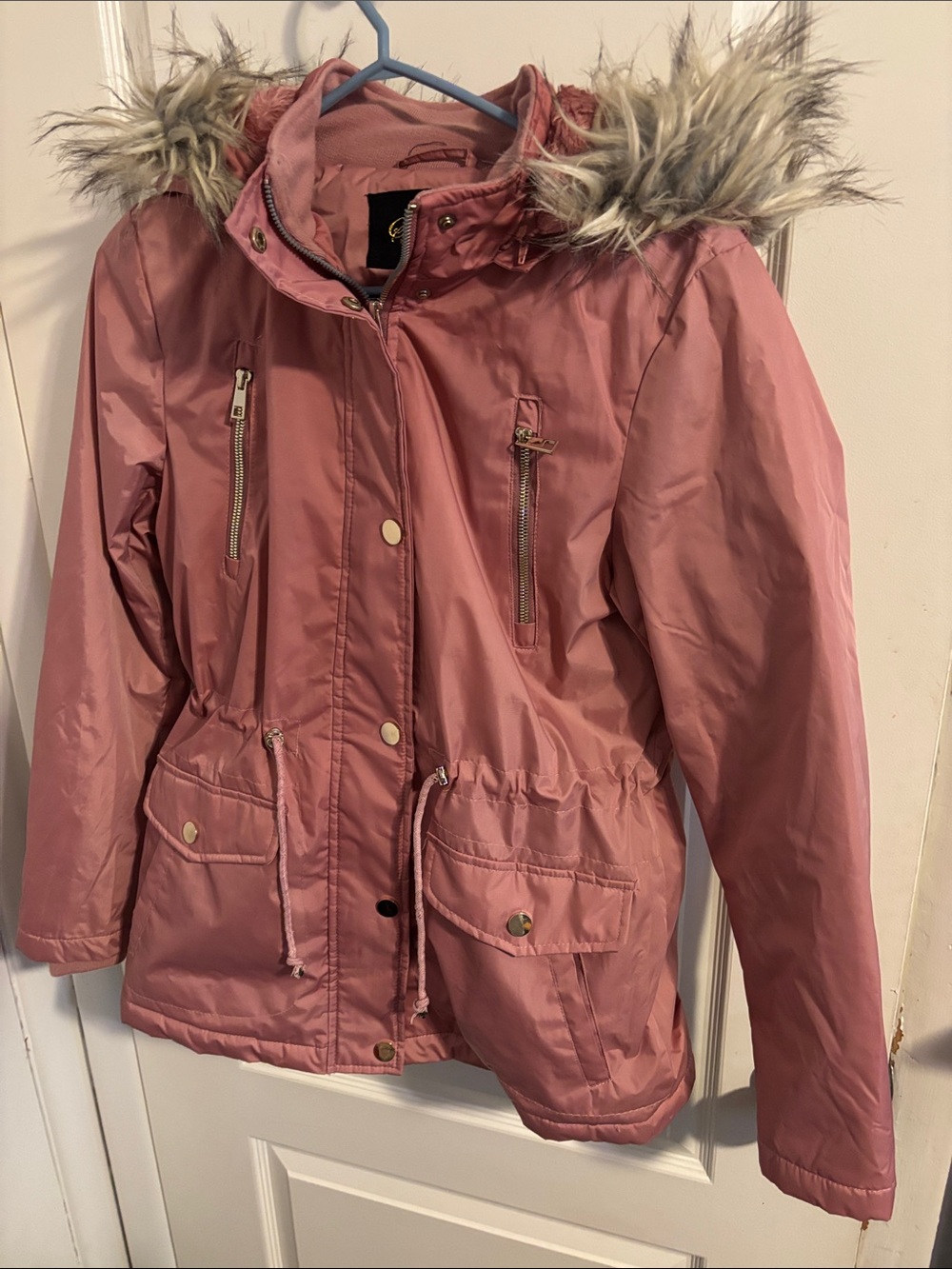 Faux-Fur Trimmed Sherpa Lined Dusty Rose Utility Parka Jacket